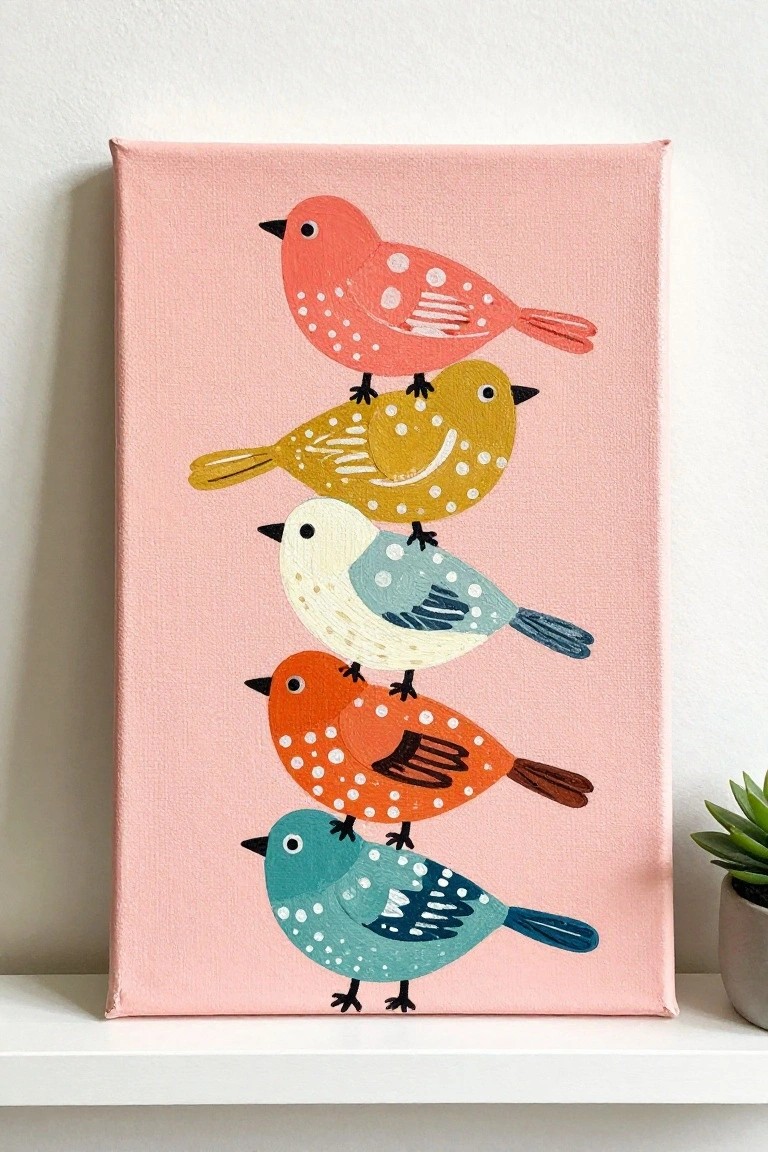 Five stylized birds in bright colors stacked vertically on a solid pink canvas.
