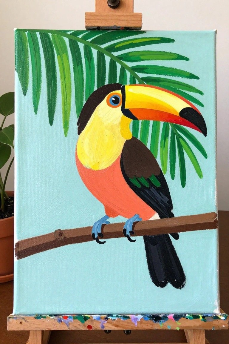 Vibrant toucan with colorful beak perched on branch in painting on easel