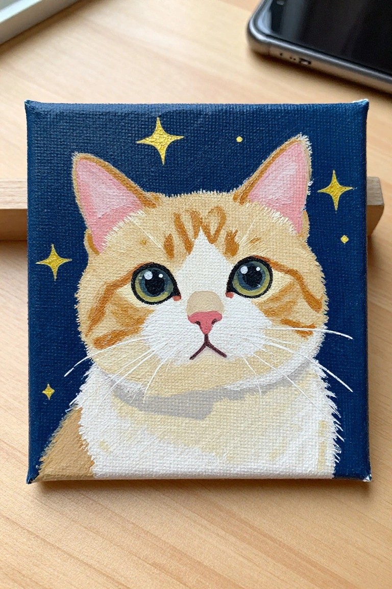 Orange tabby cat painting with big eyes on small canvas with yellow stars on blue background