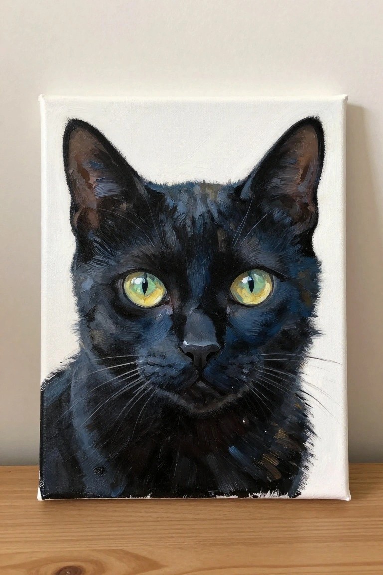 Black cat with vivid green eyes in oil painting on white canvas over wood