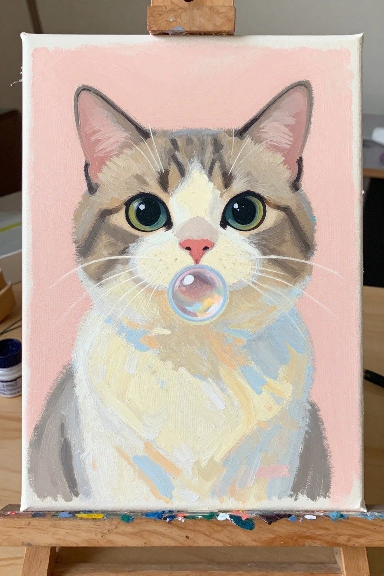 Acrylic painting of a tabby cat with large green eyes and a soap bubble in front of its mouth on a pink canvas background.