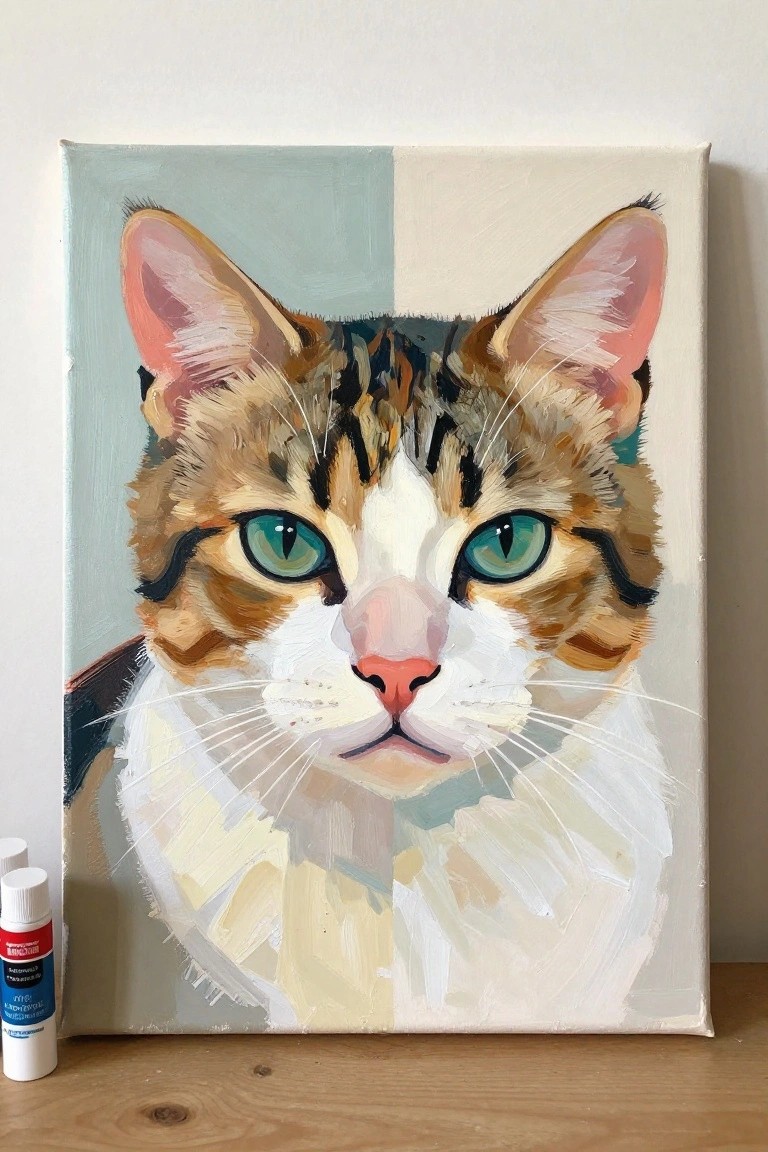 Colorful cat portrait painting on canvas with paint tube on wooden surface