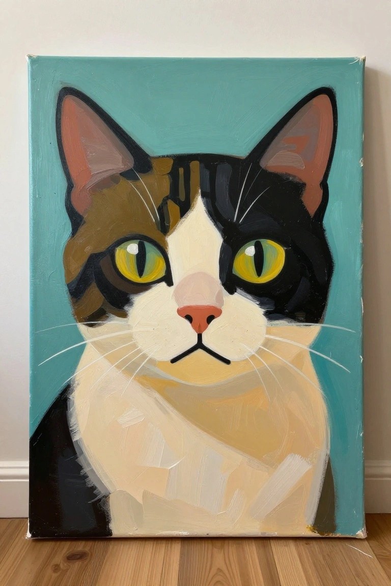 Colorful painting of a cat with bright yellow eyes on a teal background.