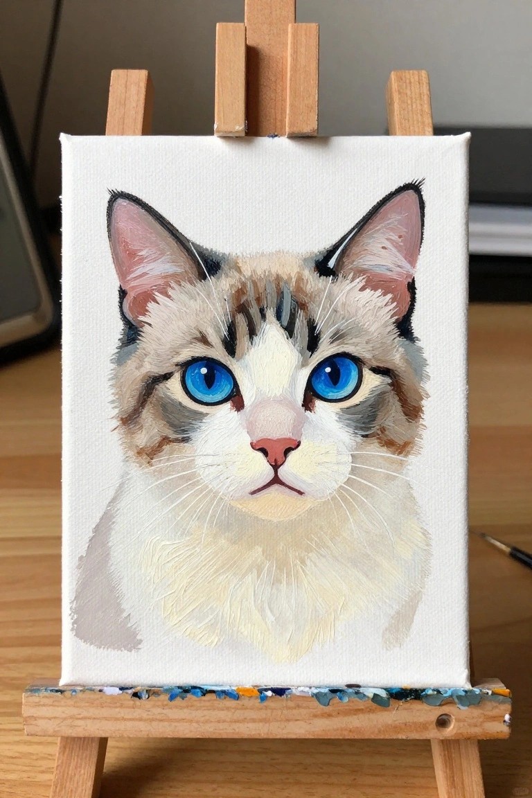 Painting of blue-eyed cat with white and brown fur on wooden easel.