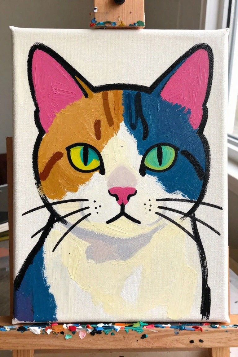 Bold colorful cat painting with orange-blue face on wooden easel