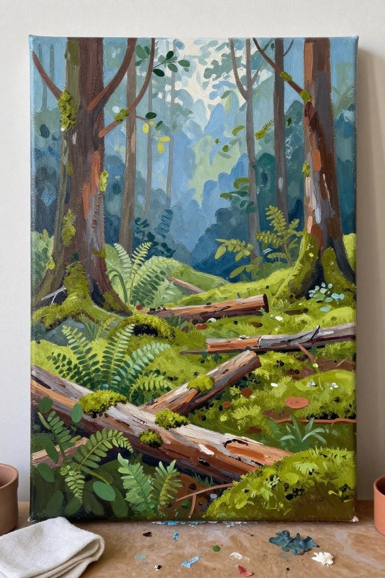Acrylic painting of a dense forest with tall trees, green ferns, and fallen logs on a mossy ground.