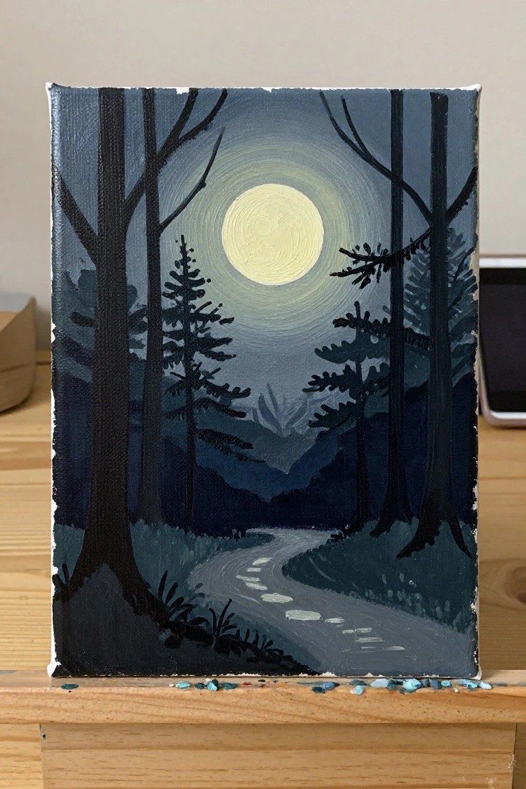Nighttime painting of glowing full moon over winding path through dark pine forest.
