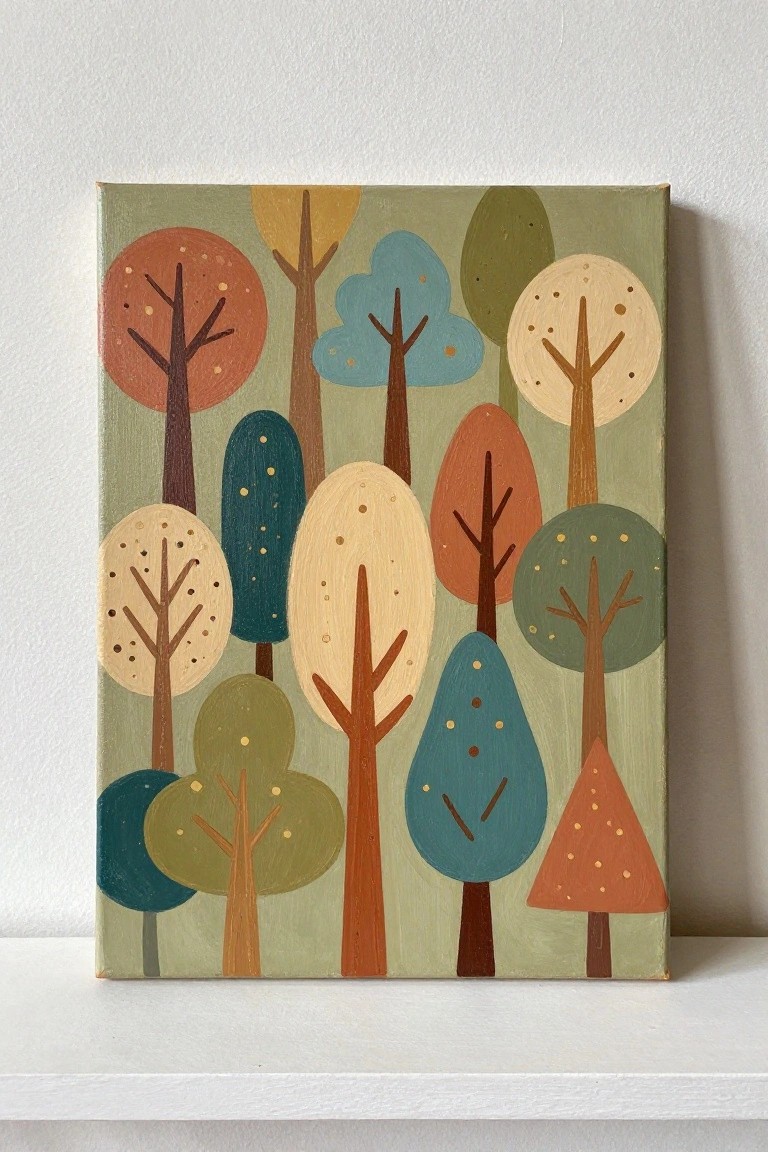 Vibrant abstract painting of stylized trees in orange, teal, yellow and green on canvas.
