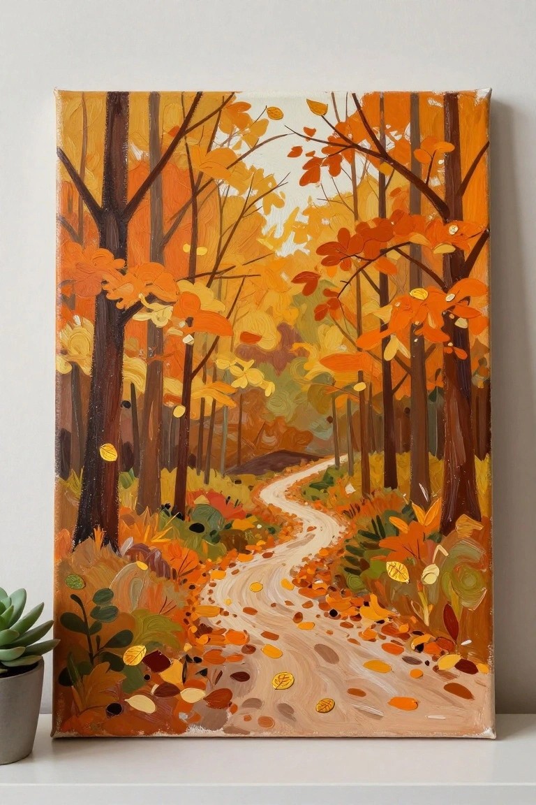 An acrylic painting of a winding path through an autumn forest with orange and yellow leaves on the trees and ground.
