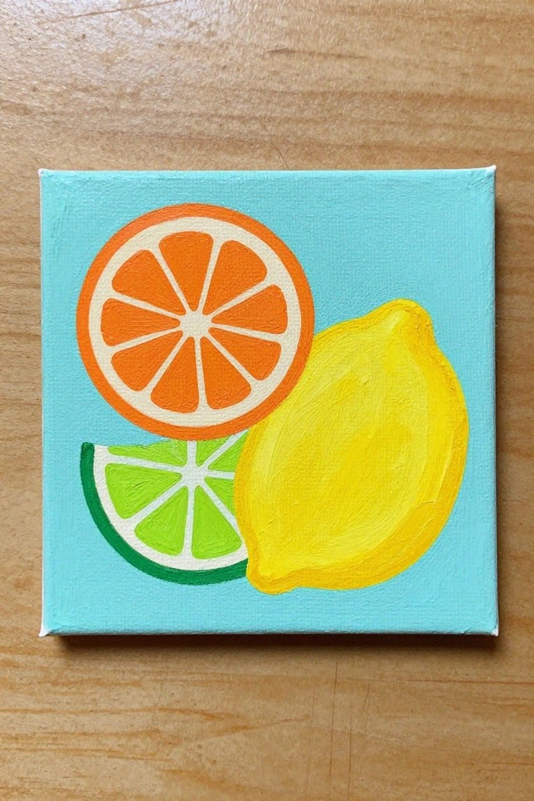 Acrylic painting of orange slice, whole lemon, and lime wedge on light blue canvas.