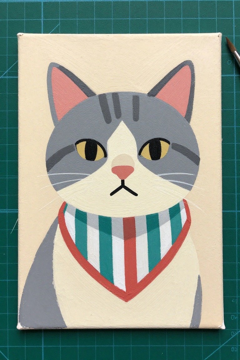Stylized gray tabby cat with pink ears wearing green striped scarf on canvas