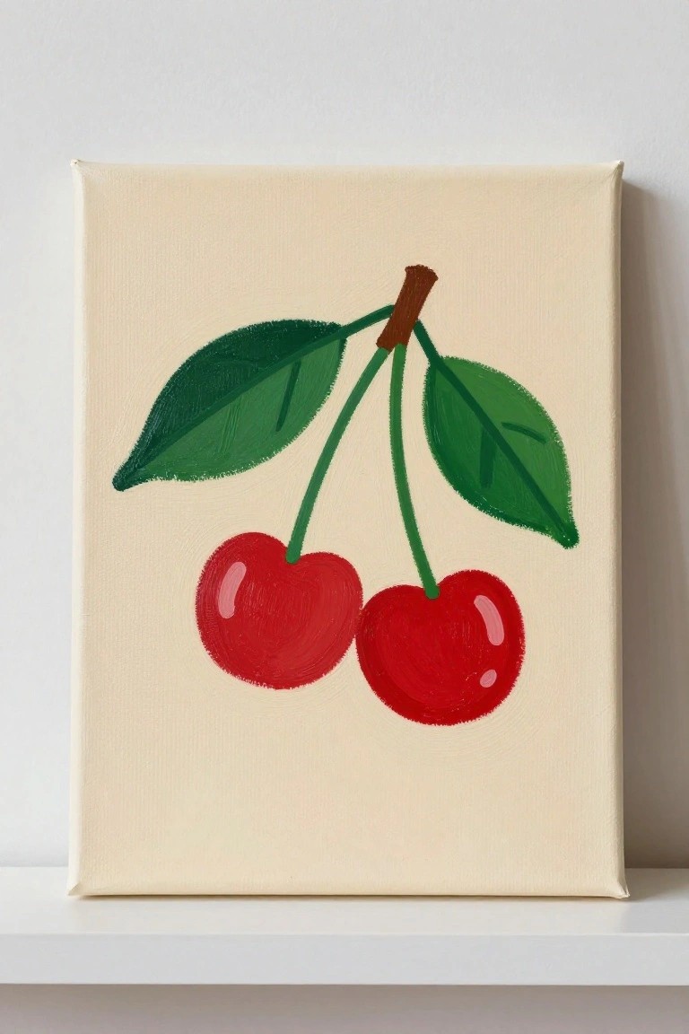 Two red cherries with green leaves on beige canvas painting