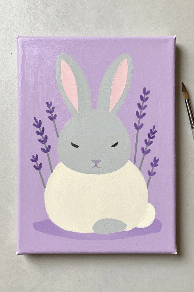 Gray bunny with pink ears amid lavender sprigs on light purple canvas
