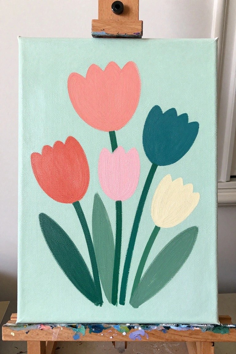 Stylized colorful tulips on mint green canvas atop wooden easel with paint splatters