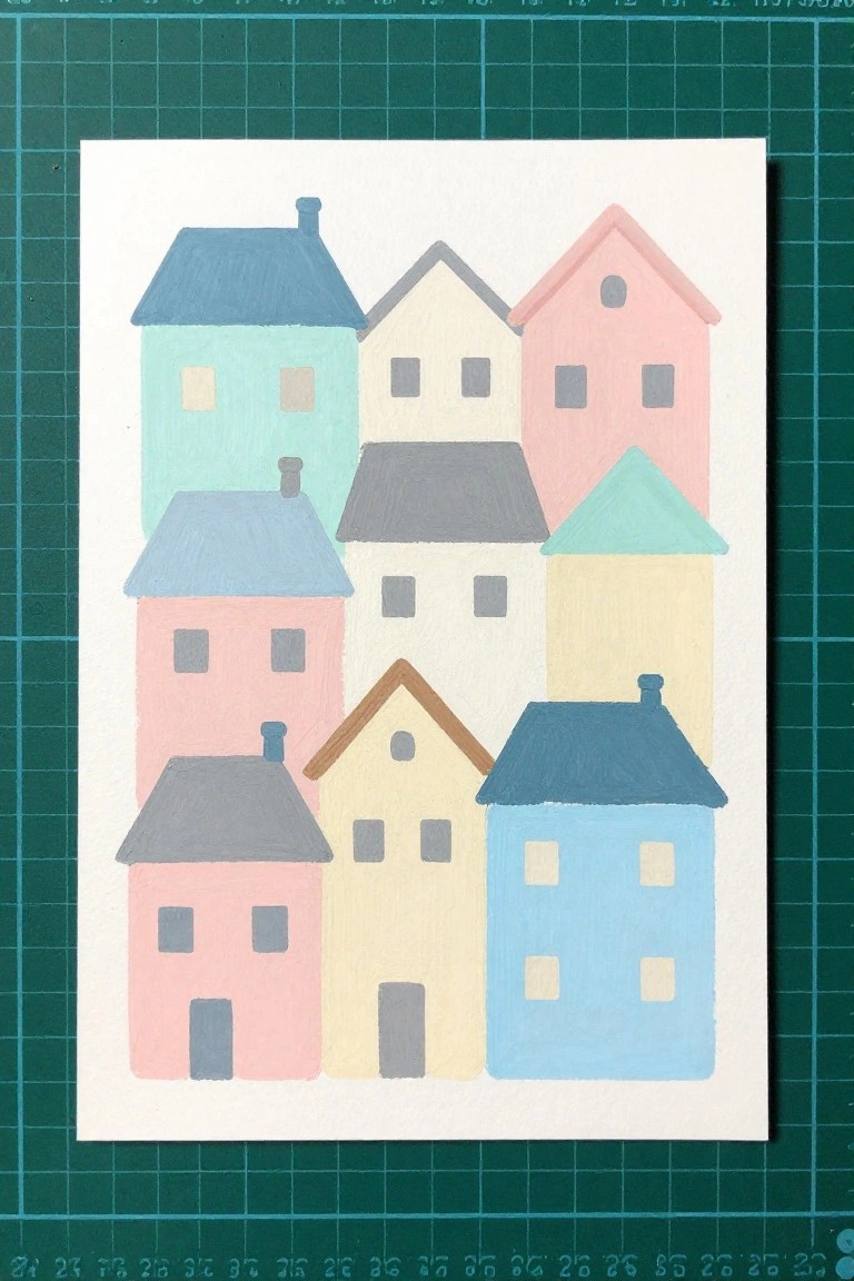Colorful abstract houses in pastel tones on white paper over green grid mat