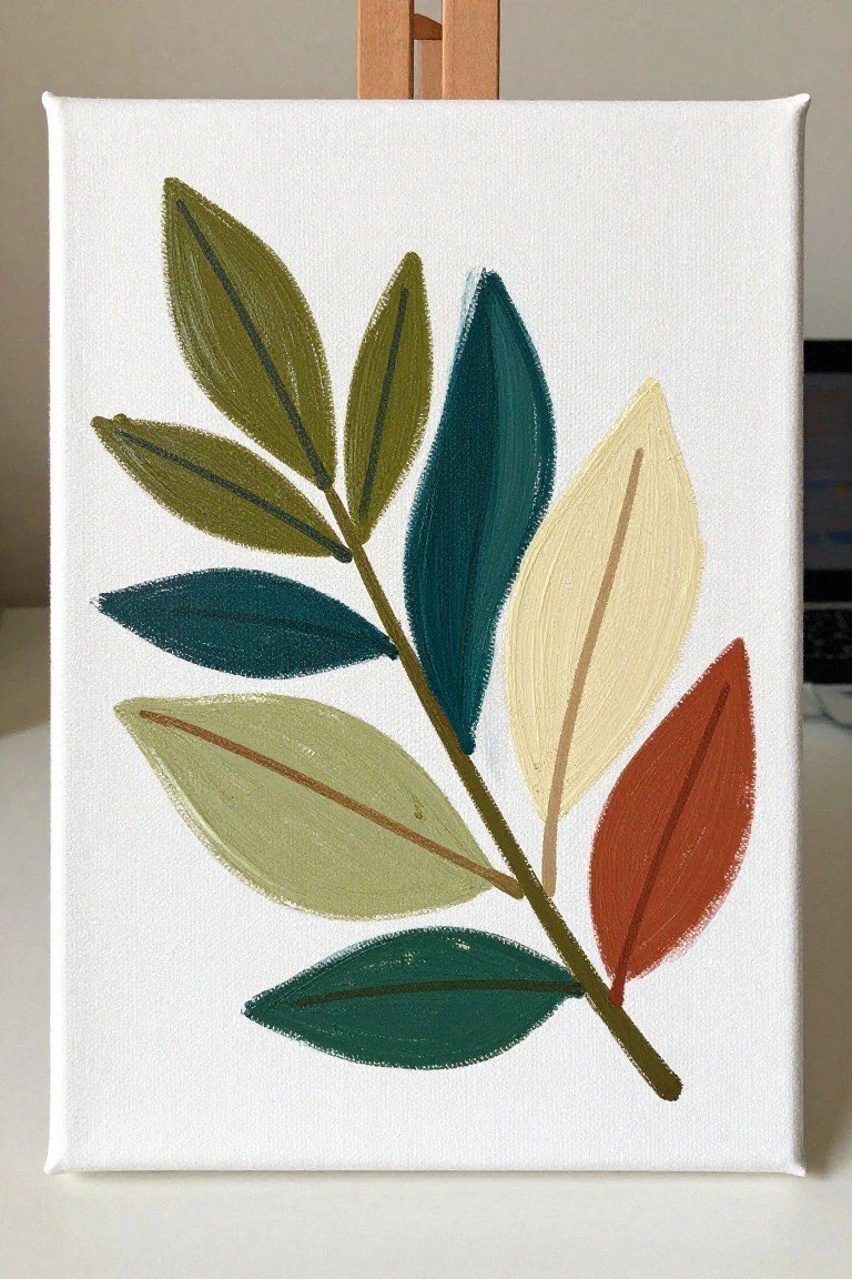 Abstract canvas painting of a branch with green, teal, yellow, and red leaves on easel