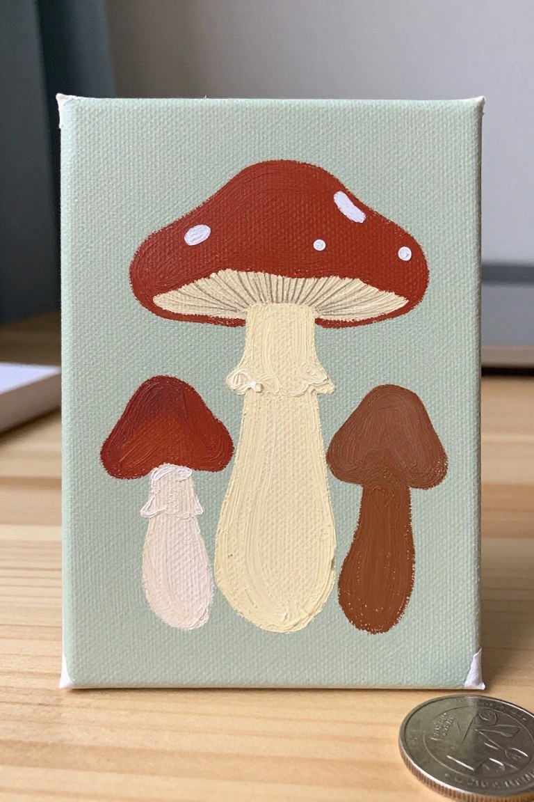 Small canvas painting of large red mushroom with two smaller ones beside a quarter.