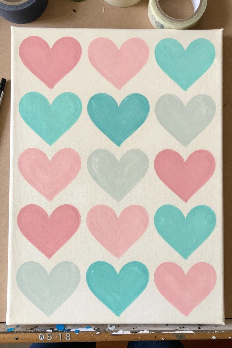 Canvas with fifteen hearts painted in pink, teal, and gray on white background