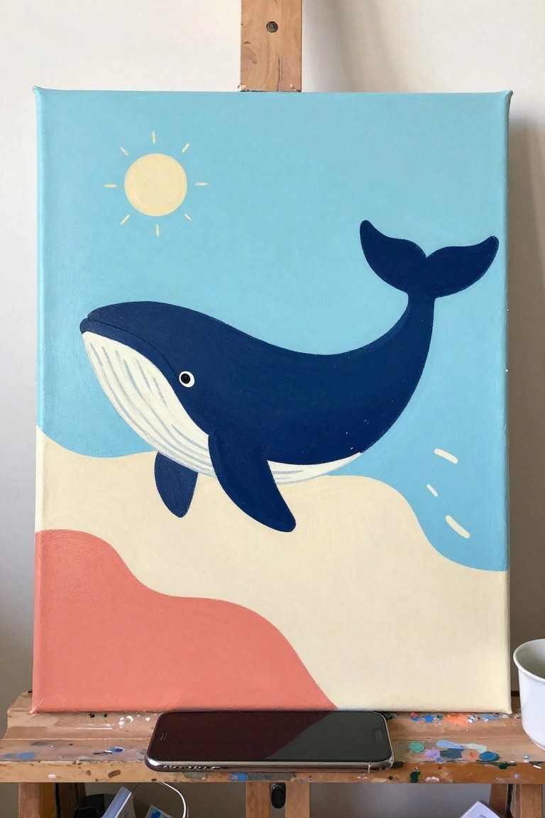 Blue whale painting on easel with yellow sun, beige waves, and phone below.