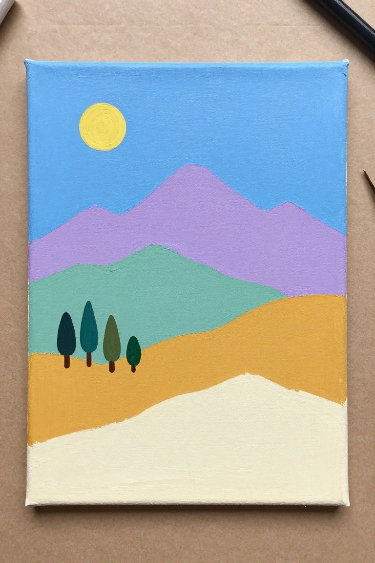 Colorful landscape painting with blue sky, yellow sun, purple mountains, green hills, and trees.