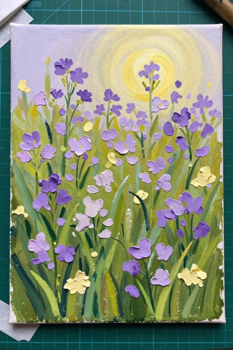 Thick impasto painting of purple flowers and yellow sun in green meadow