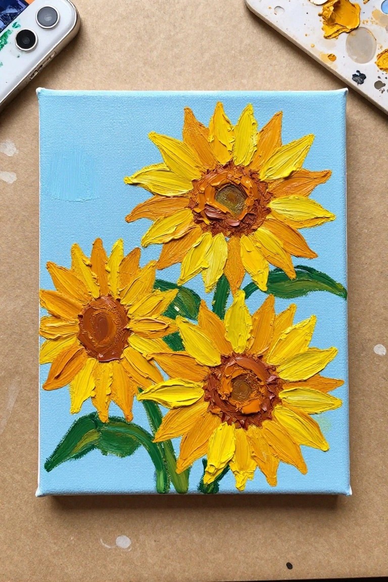Three yellow sunflowers with thick textured petals and brown centers painted on a light blue canvas with green stems and leaves.