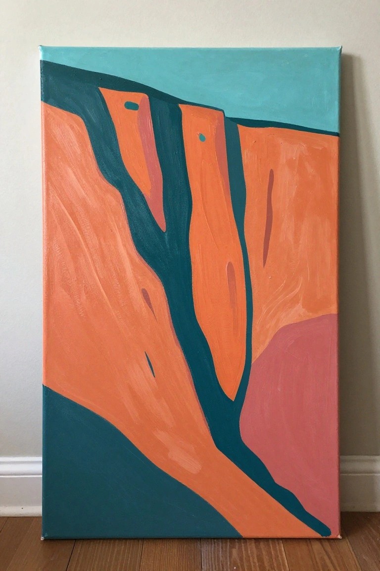 Abstract painting with bold orange, teal, and pink curved shapes on canvas.