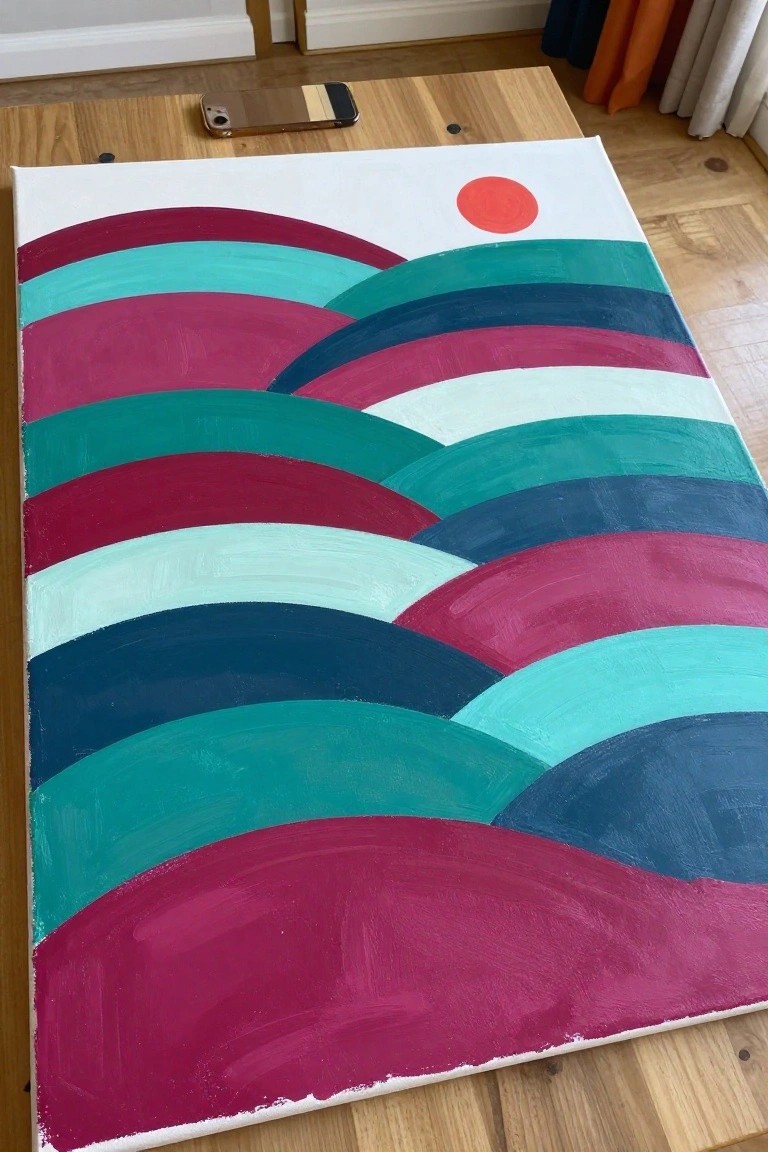 Abstract painting with wavy teal pink blue stripes and red sun on canvas beside smartphone