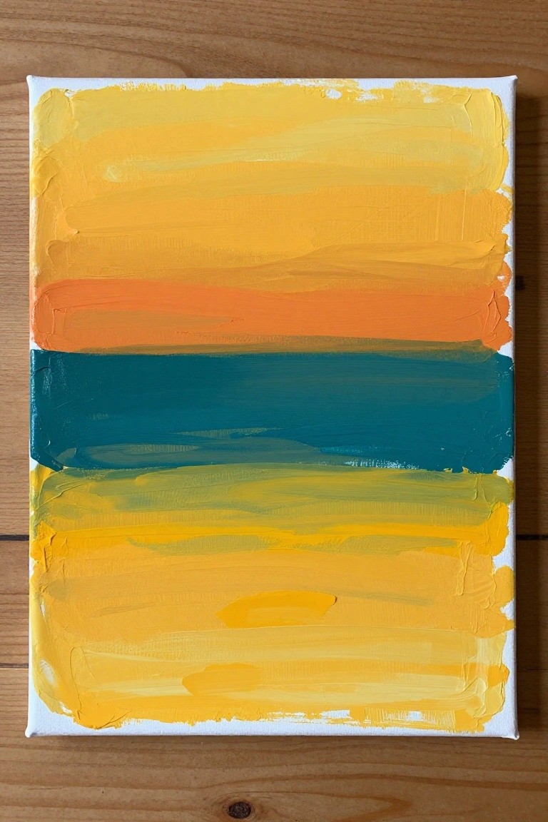 A canvas with horizontal stripes of yellow, orange, teal, and yellow paint on a wooden surface.