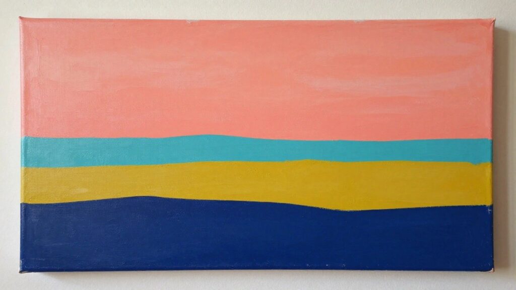 Abstract painting on canvas with wavy horizontal stripes in blue, pink, yellow, teal, and navy.
