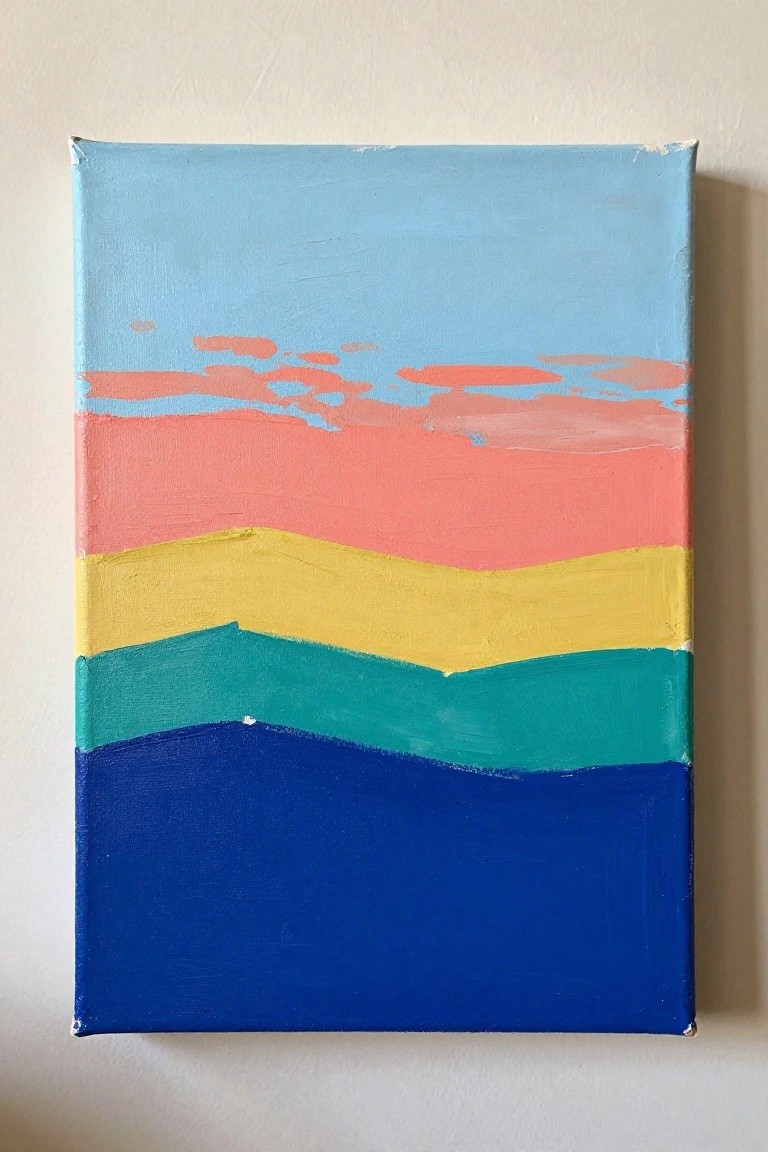 Abstract painting on canvas with wavy horizontal stripes in blue, pink, yellow, teal, and navy.