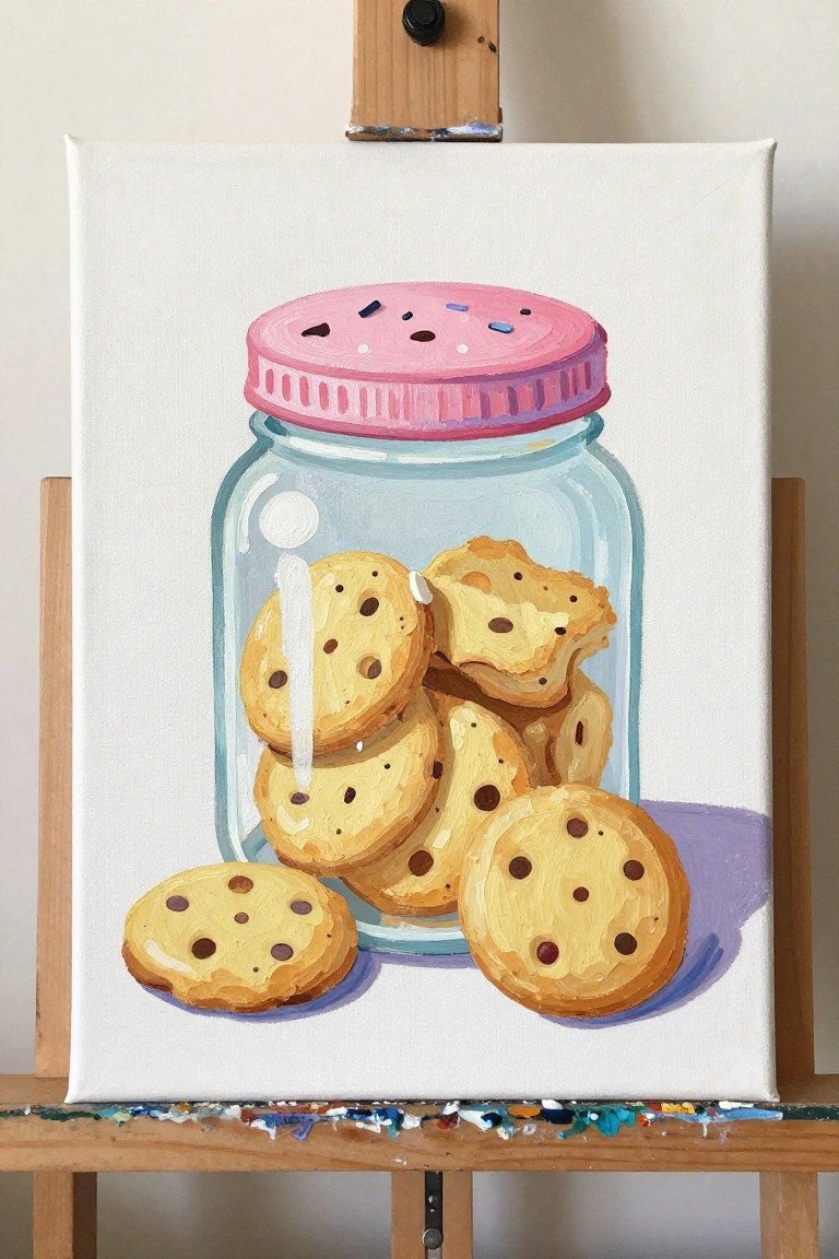 Painting on easel of glass cookie jar with pink lid and chocolate chip cookies