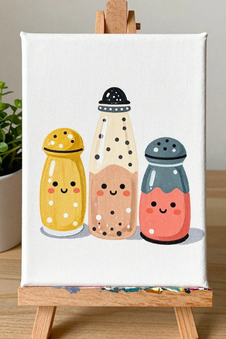 Three cartoon salt and pepper shakers with faces painted in yellow, tan, and coral on a white canvas.