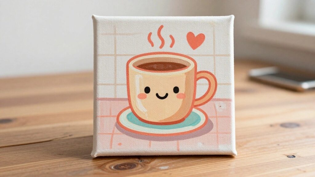 22 Beginner-Friendly Acrylic Painting Ideas Centered on Cute Household Objects Kawaii-style coffee mug with smiling face, blush cheeks, and floating heart on saucer.