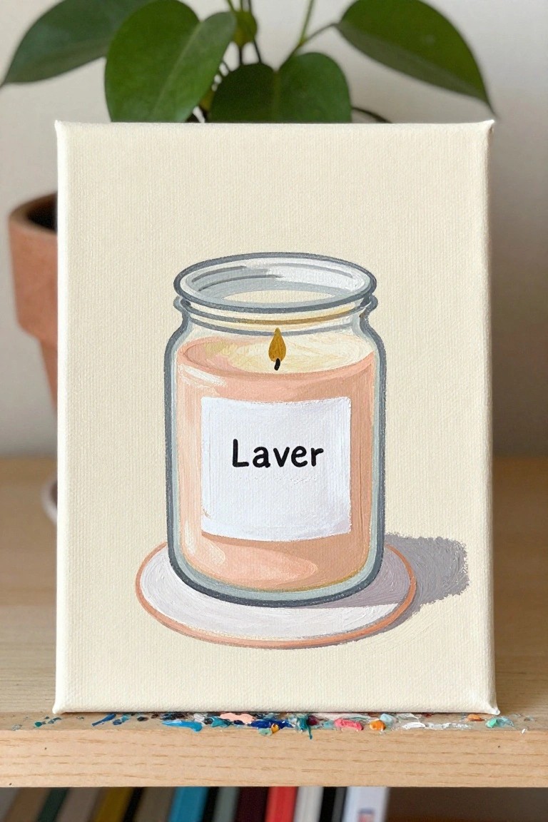 Canvas painting of lit Laver candle in glass jar on wooden table