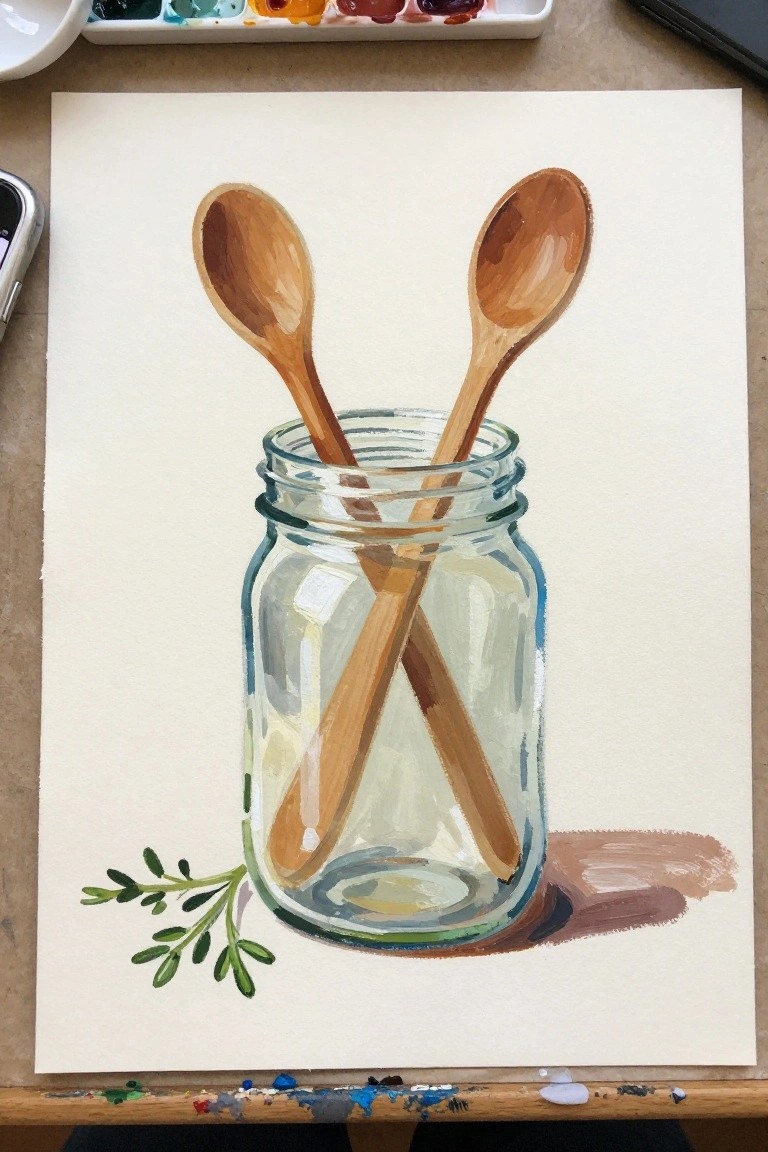 Watercolor of two wooden spoons crossed in a glass jar with green herb sprig and shadow.