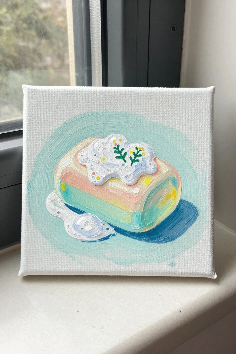 Pastel rainbow cake roll painting with white frosting on white canvas