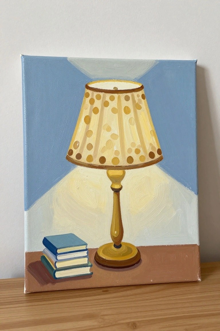 Painting of lit polka-dotted lamp beside stacked books on brown table