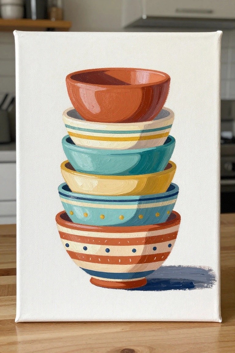 Stacked colorful patterned bowls in orange teal yellow on white canvas.