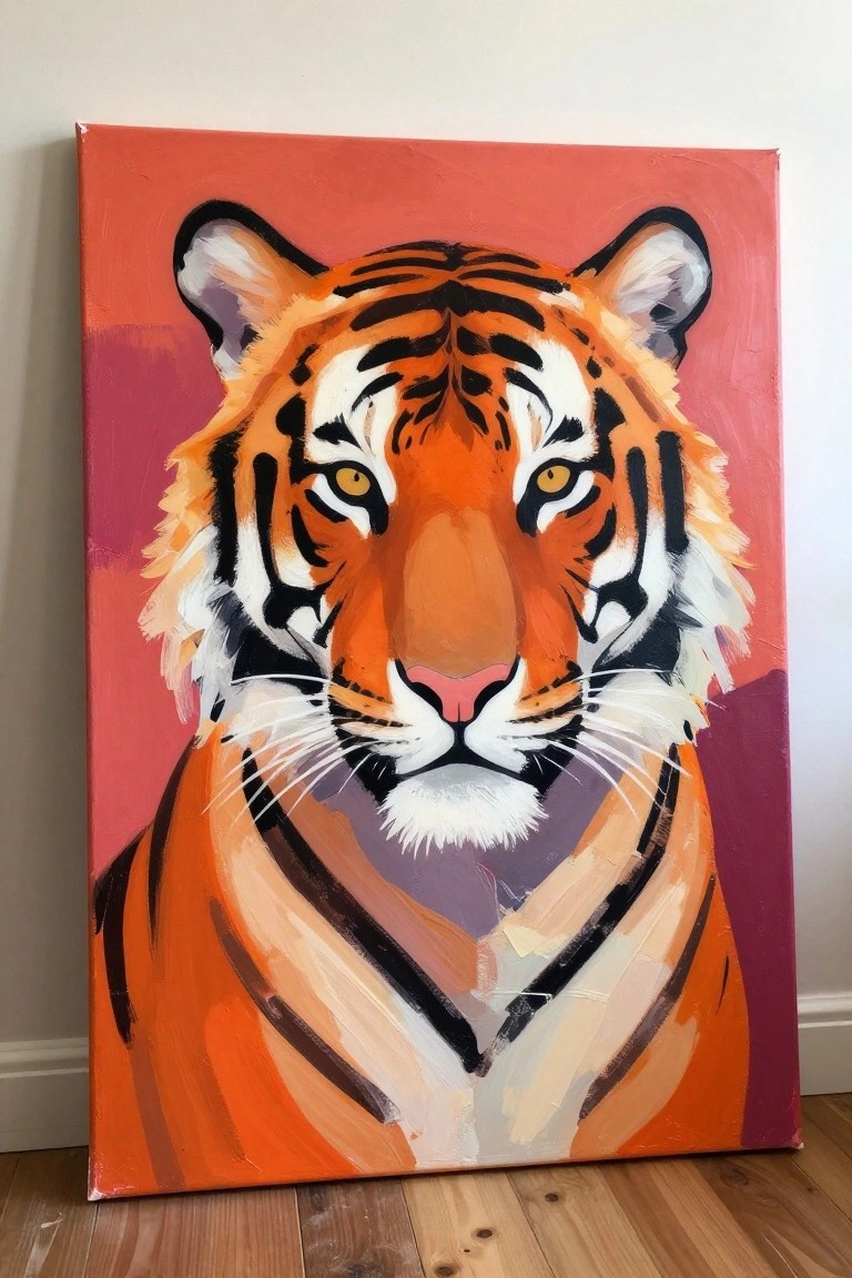 Vibrant tiger painting on canvas with orange stripes against red background on wood floor