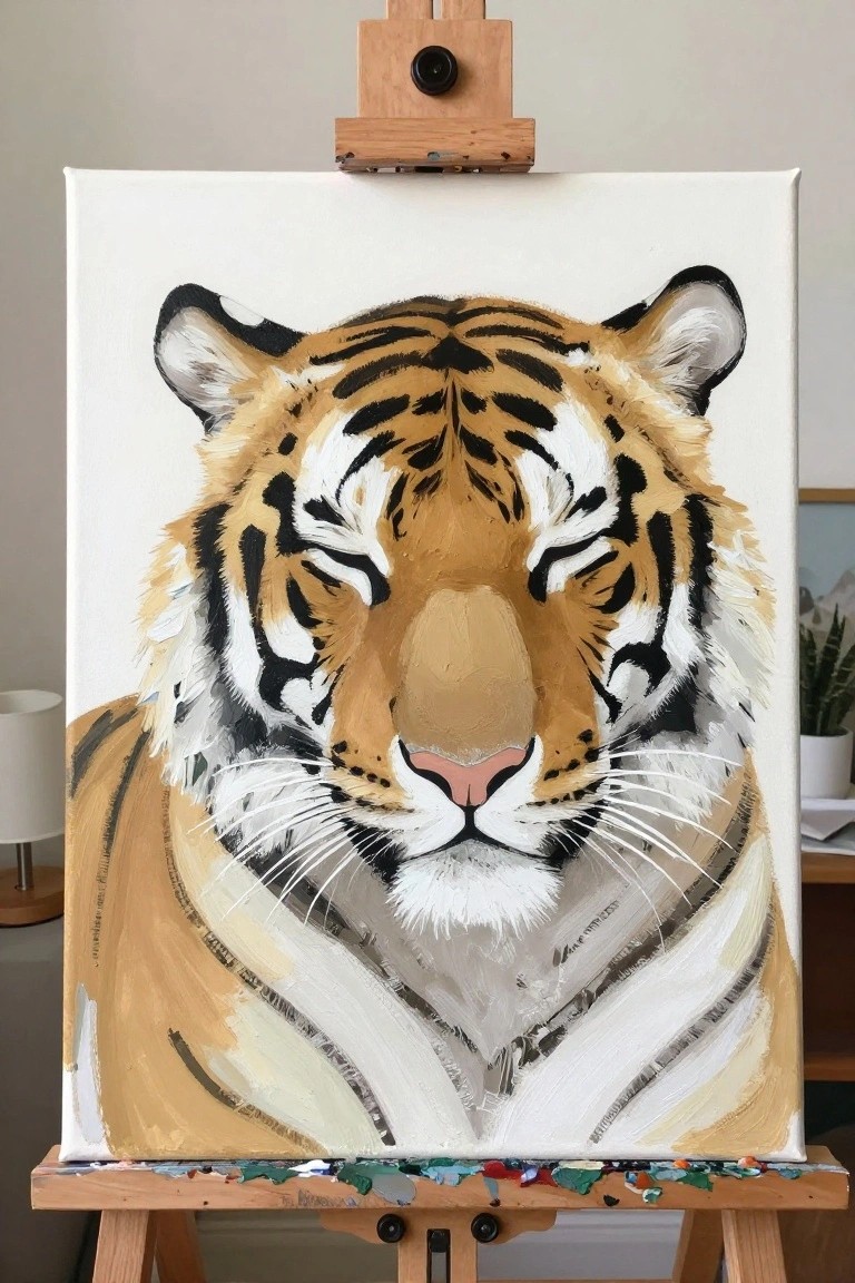 Expressive tiger face painting with bold brushstrokes on canvas atop wooden easel.