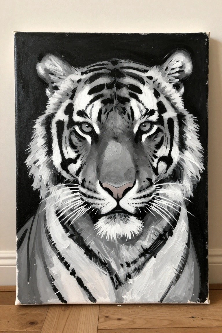 Black and white tiger painting on canvas against wall on wooden floor