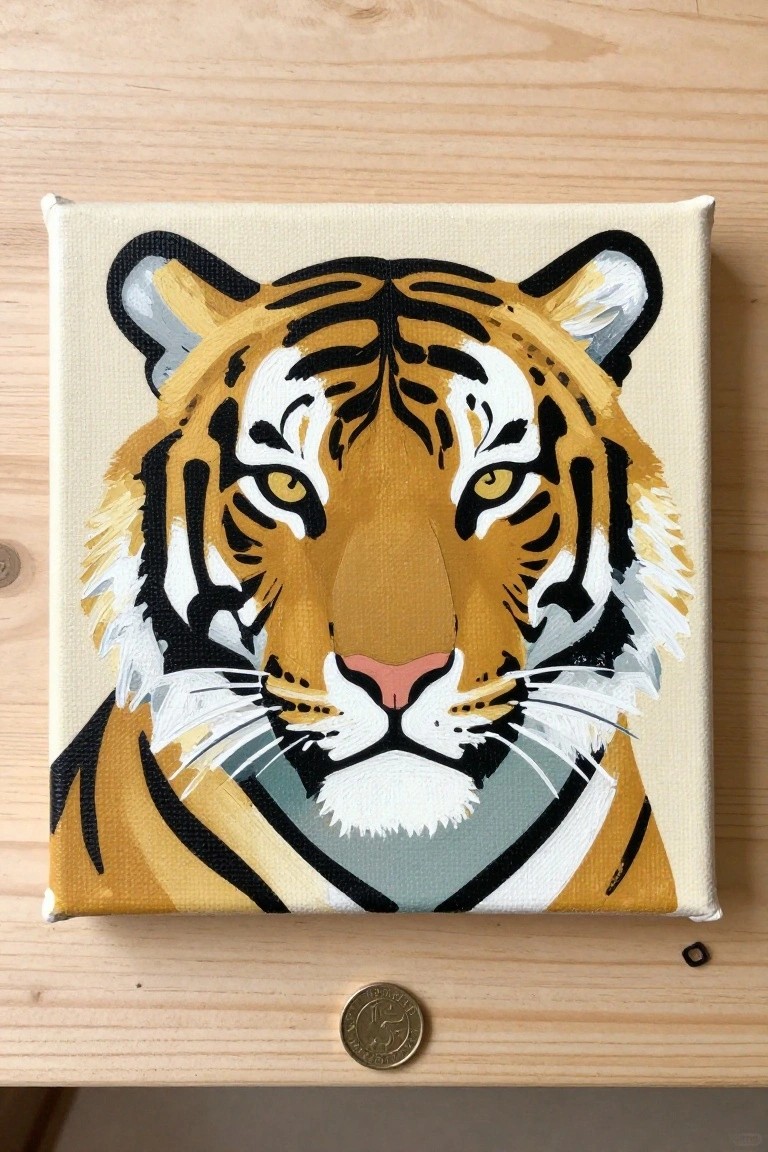 Square acrylic painting of a tiger face on canvas with a coin below for scale on a wooden table.