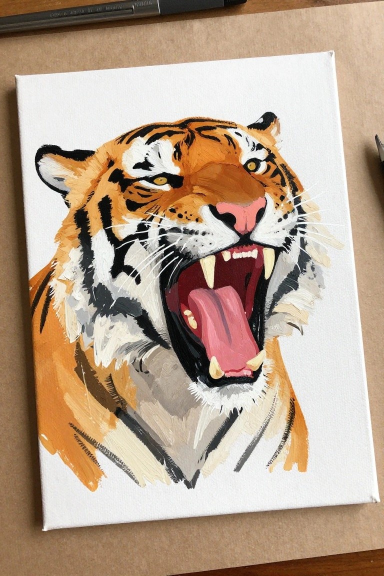 Acrylic painting of a tiger's head roaring with mouth open on a white canvas.