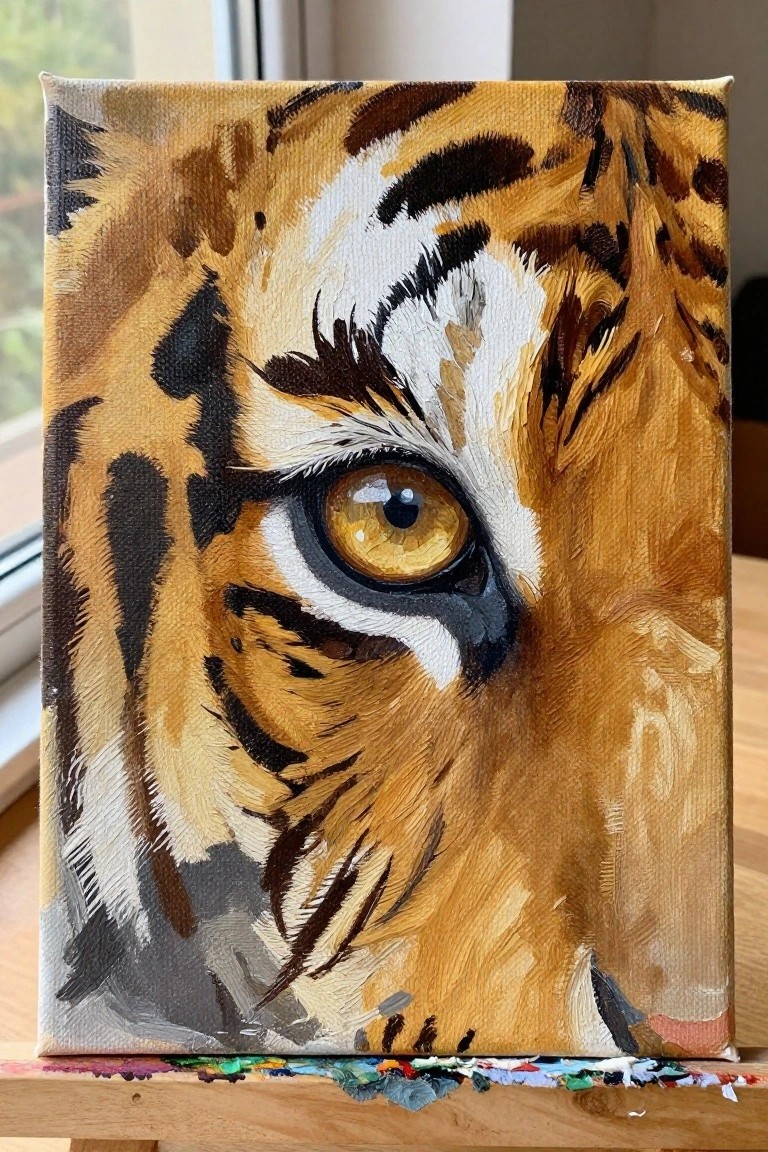Close-up tiger face painting with amber eye and orange stripes on canvas easel.