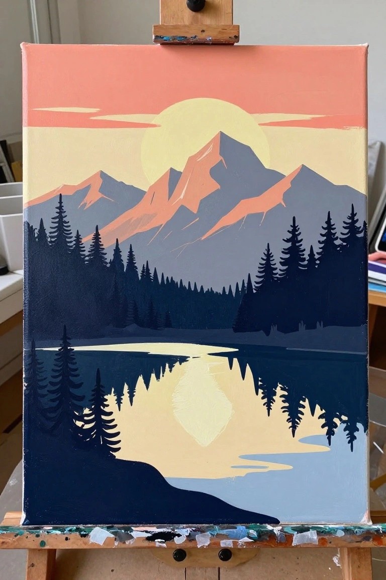 Stylized sunset painting on easel with mountains, silhouetted pines, and lake reflection.