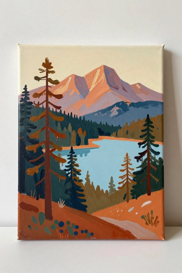 Vibrant painting of a blue lake ringed by pine trees and orange mountains
