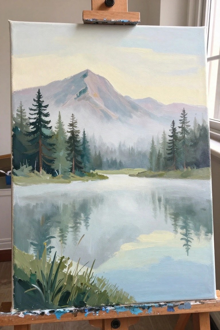 Landscape painting on easel shows misty mountain reflected in calm lake with pine trees.