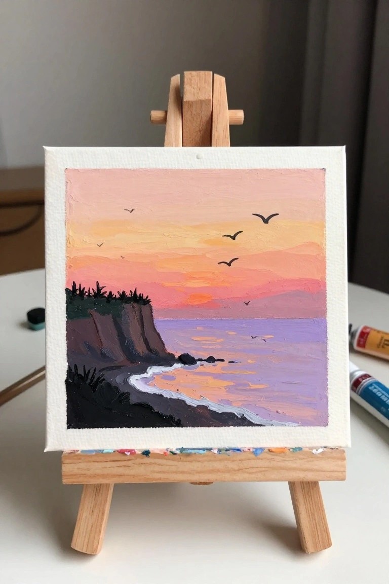 Small canvas on easel shows pink-orange sunset over purple sea with cliffs and birds.