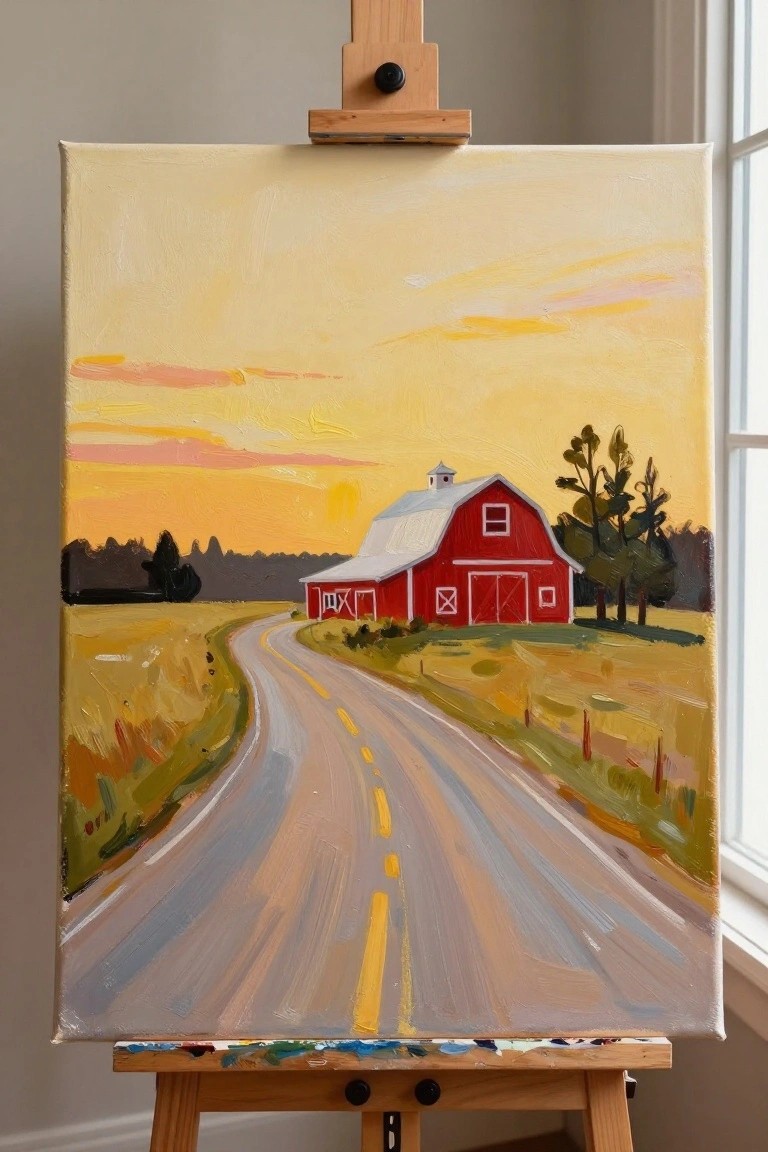 Oil painting on easel shows red barn beside curving yellow-lined road at sunset.